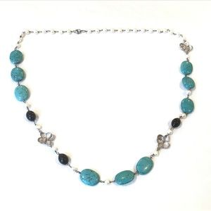 Turquoise Pearl & Black Onyx Beaded Flower Motif Necklace, Sterling Silver Clasp